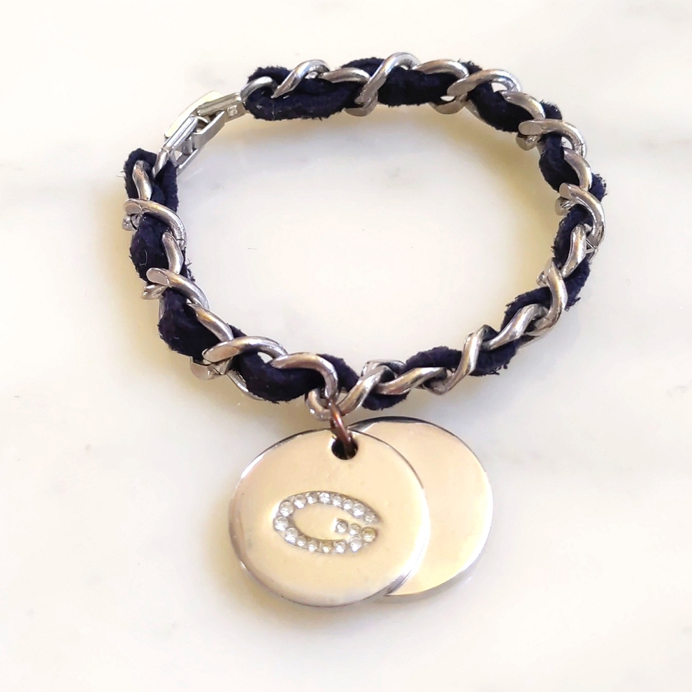 NWOT. Guess Logo Crystal Tags and Black Suede Leather/Chrome Chain 7" Bracelet.